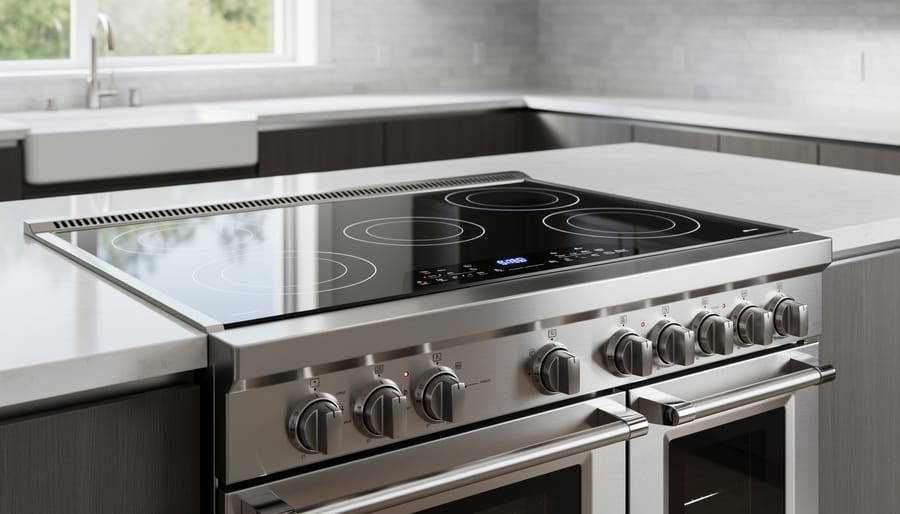 Premium stainless electric range showing detailed glass-ceramic cooktop and oven door