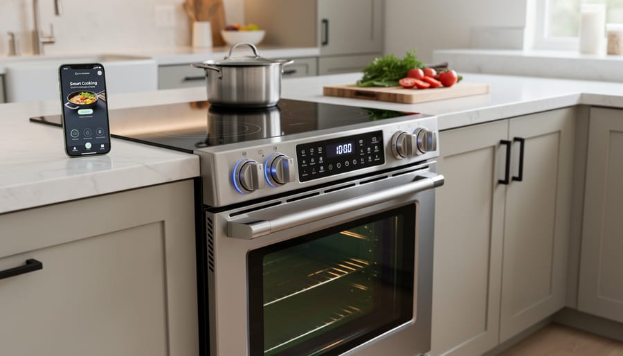 Smart slide-in electric range with illuminated control panel in a modern kitchen