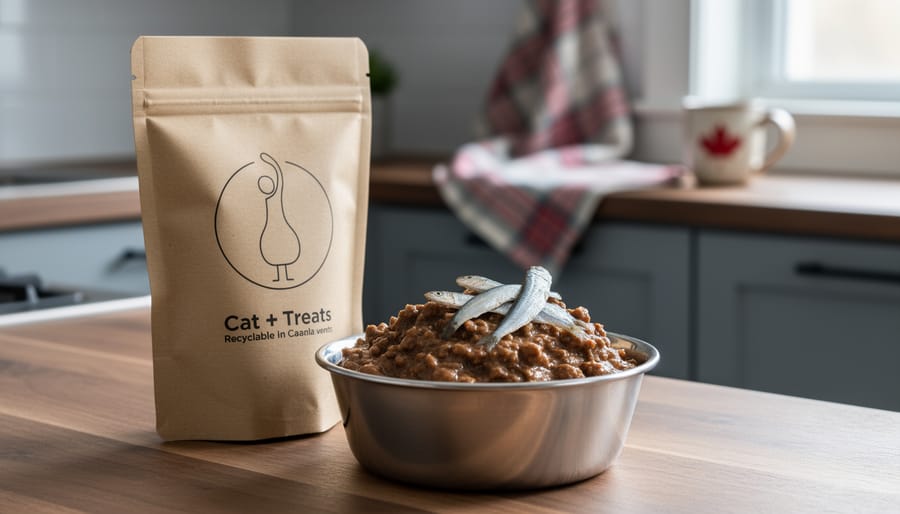 Close-up of a cat food bowl with wet fish-based food and a nearby recyclable-style treat pouch on a kitchen countertop.