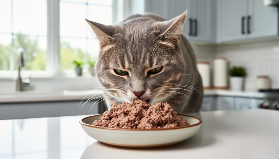 A domestic cat eating wet food from a ceramic bowl in a well-lit home.