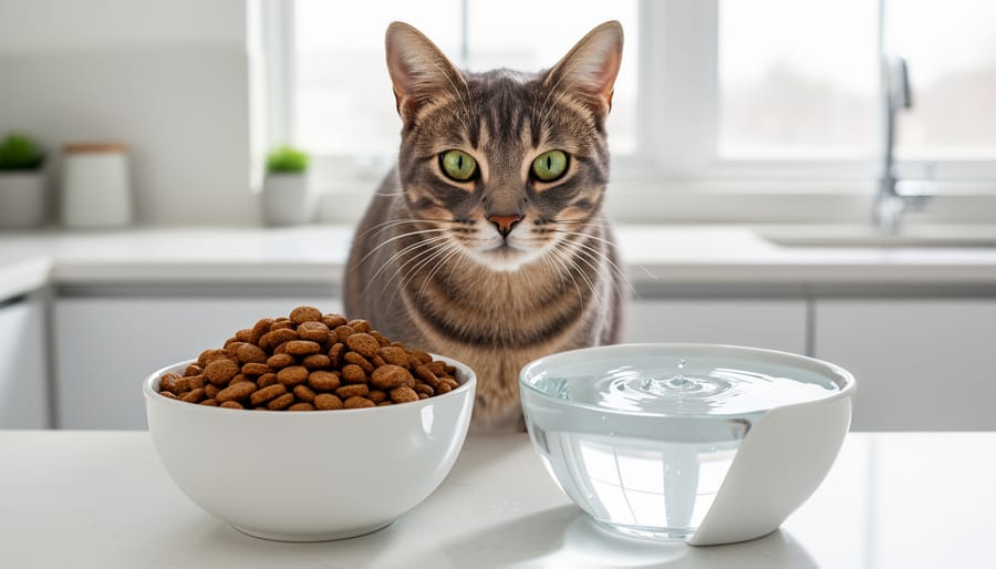 Close-up of cat kibble next to a stainless bowl of water under soft studio lighting.