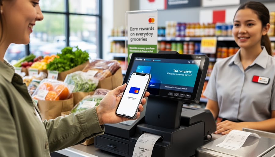 Hands using a Mastercard credit card for contactless payment at a grocery checkout