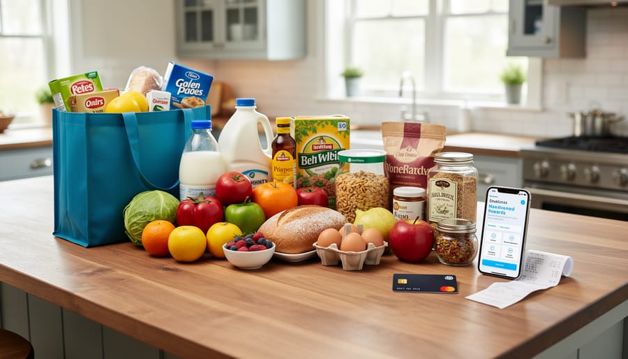 Groceries and a wallet/card holder arranged on a kitchen counter