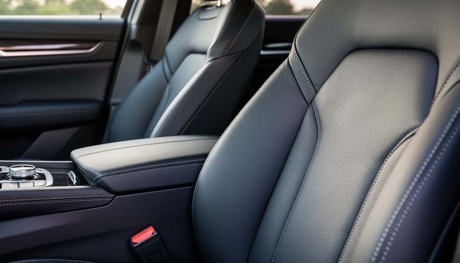 Leather car seat and steering wheel in soft natural light, highlighting leather texture and overall appearance.