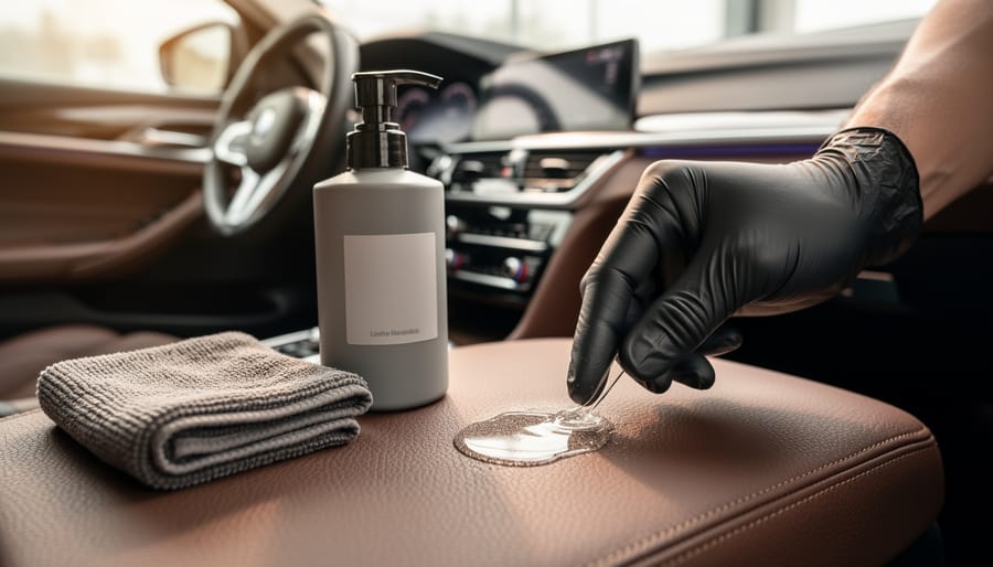 Gloved hand applying leather cleaner to a dark brown car seat with a microfiber cloth and cleaner bottle nearby.