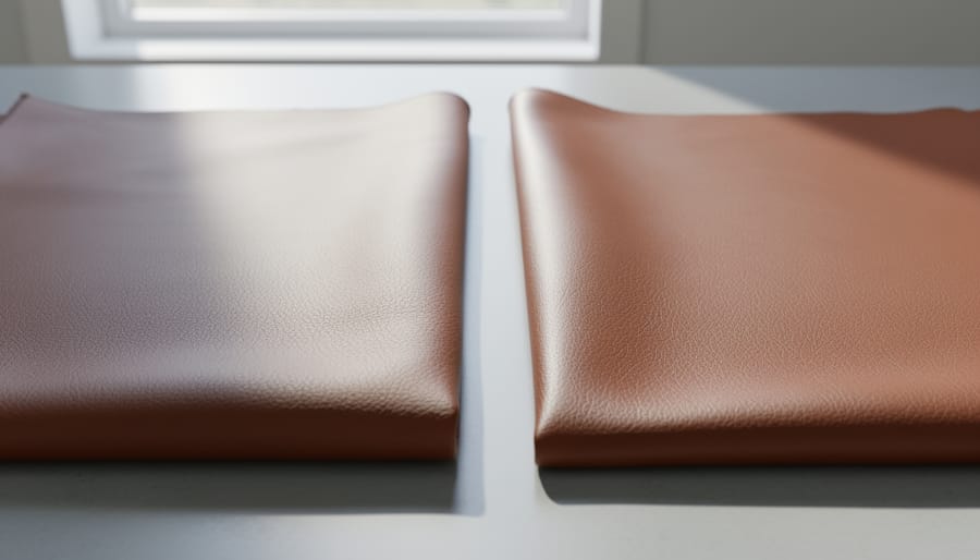 Leather sample swatches showing different finish looks on a microfiber cloth under soft studio lighting.