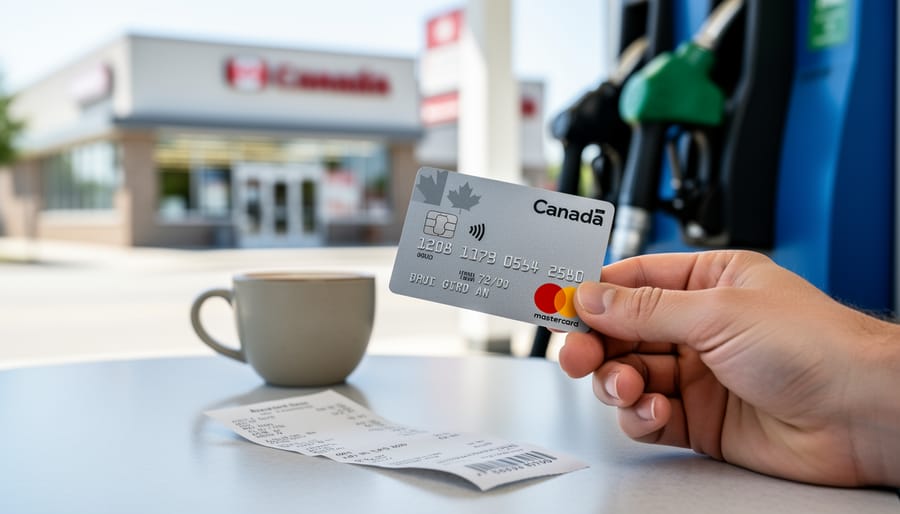 Close-up of a Mastercard credit card over everyday Canadian purchase items, with grocery and coffee items in the foreground and gas-station imagery softly blurred behind.