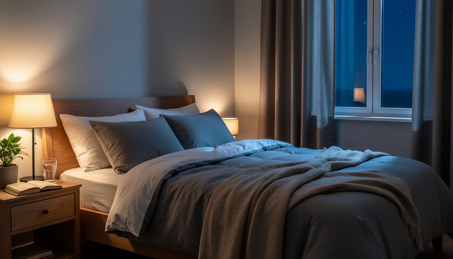Person preparing for sleep in a quiet bedroom with a sleep mask and warm bedside light