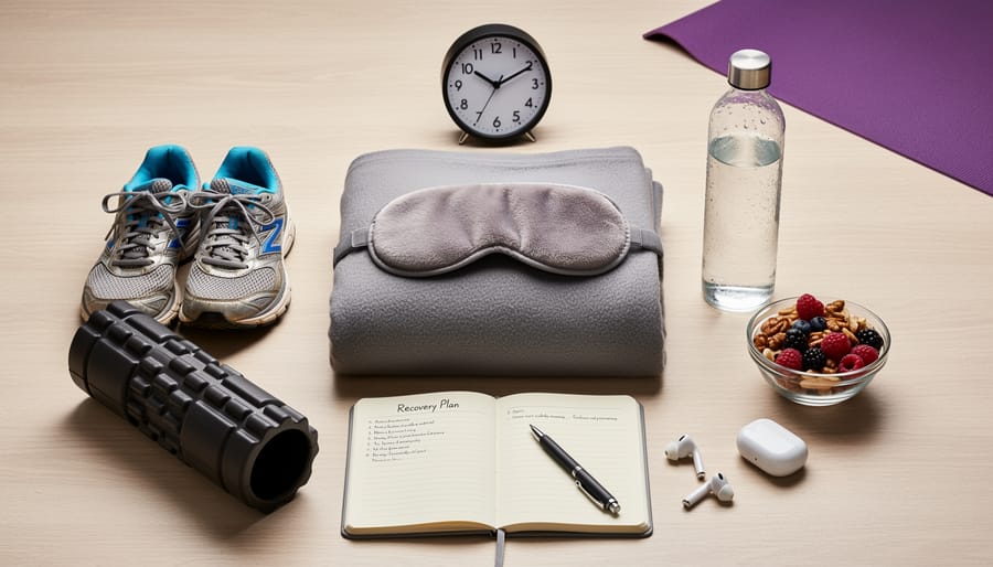Recovery setup with running shoes, towel, and a smartwatch near a glass of water