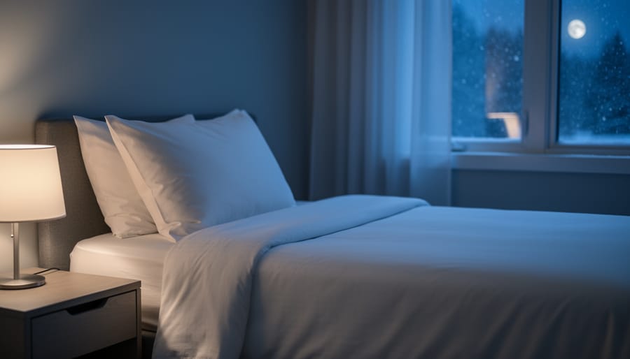Serene bedroom with crisp linens, a dim bedside lamp, and cool moonlight through a window suggesting quality sleep and recovery.