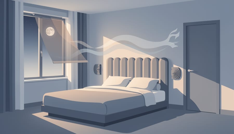 Bed and sleep environment with blackout curtains and a white noise machine in a quiet room
